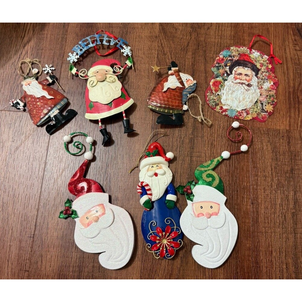 Set Of 7 Vintage Metal Santa Christmas Ornaments